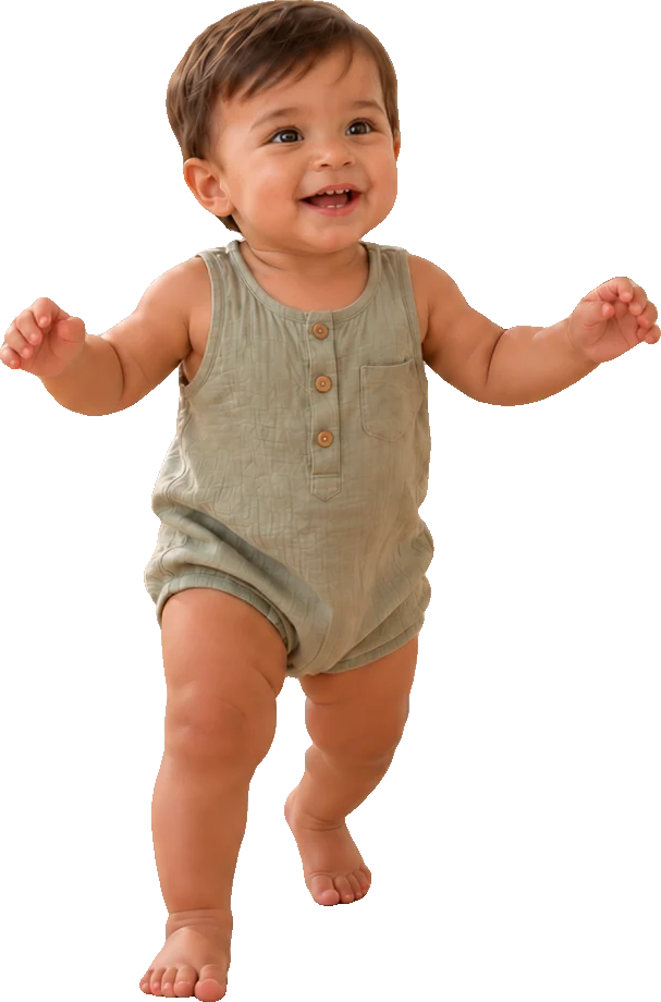 A smiling toddler taking his first steps