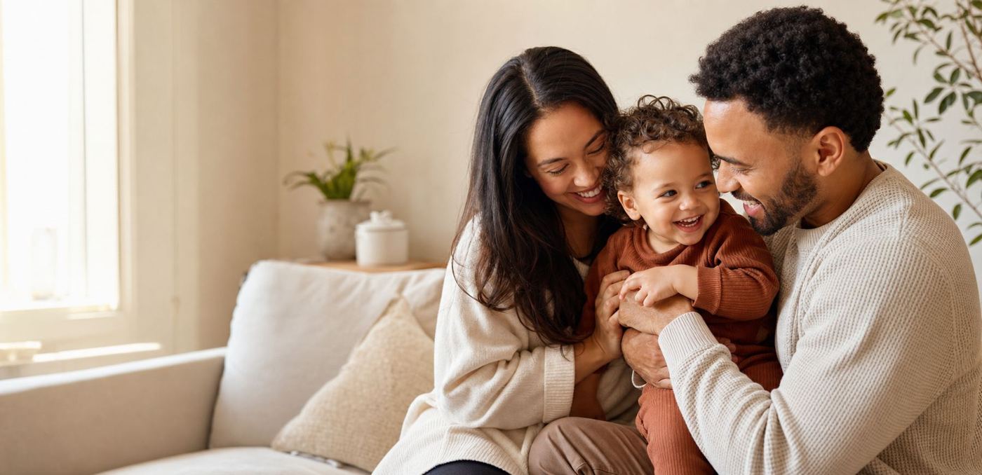 Parents laughing with their toddler on a linen sofa
