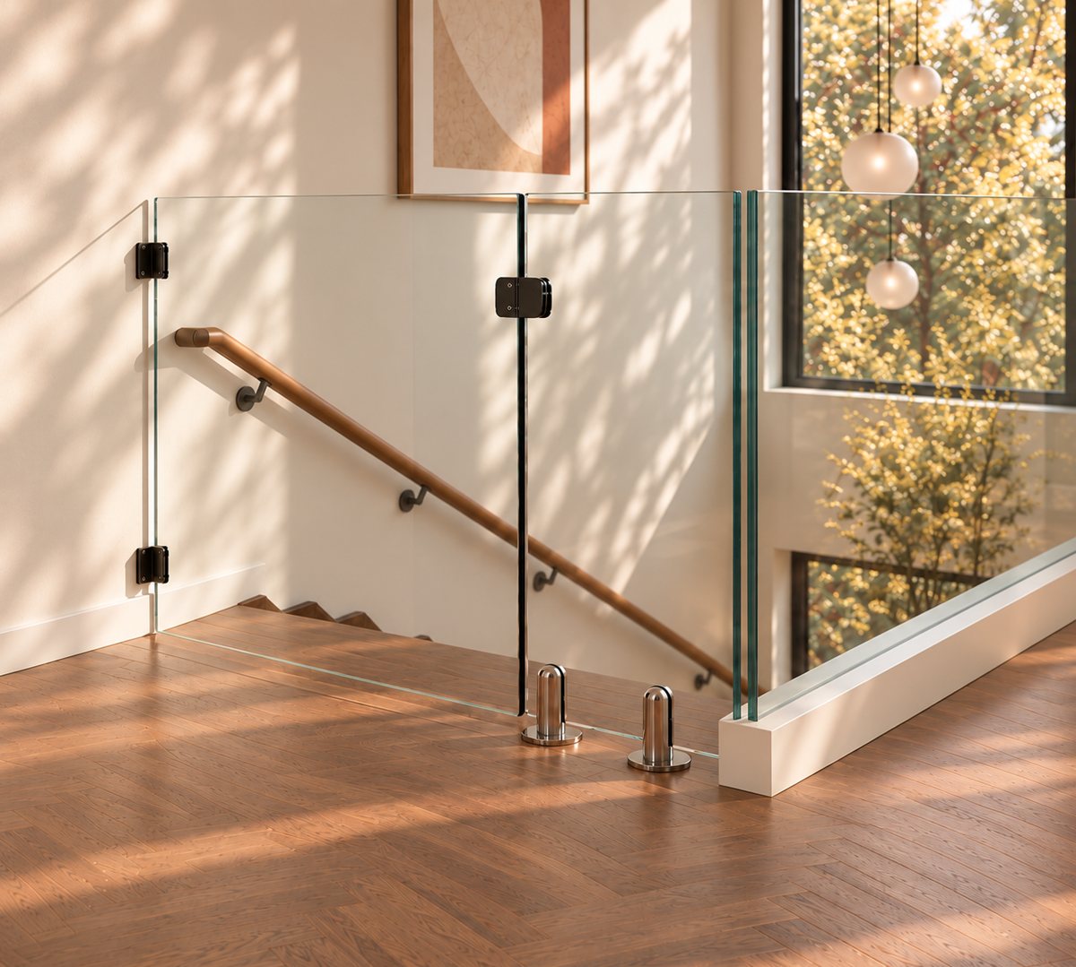 Frameless glass gate across a pale oak staircase