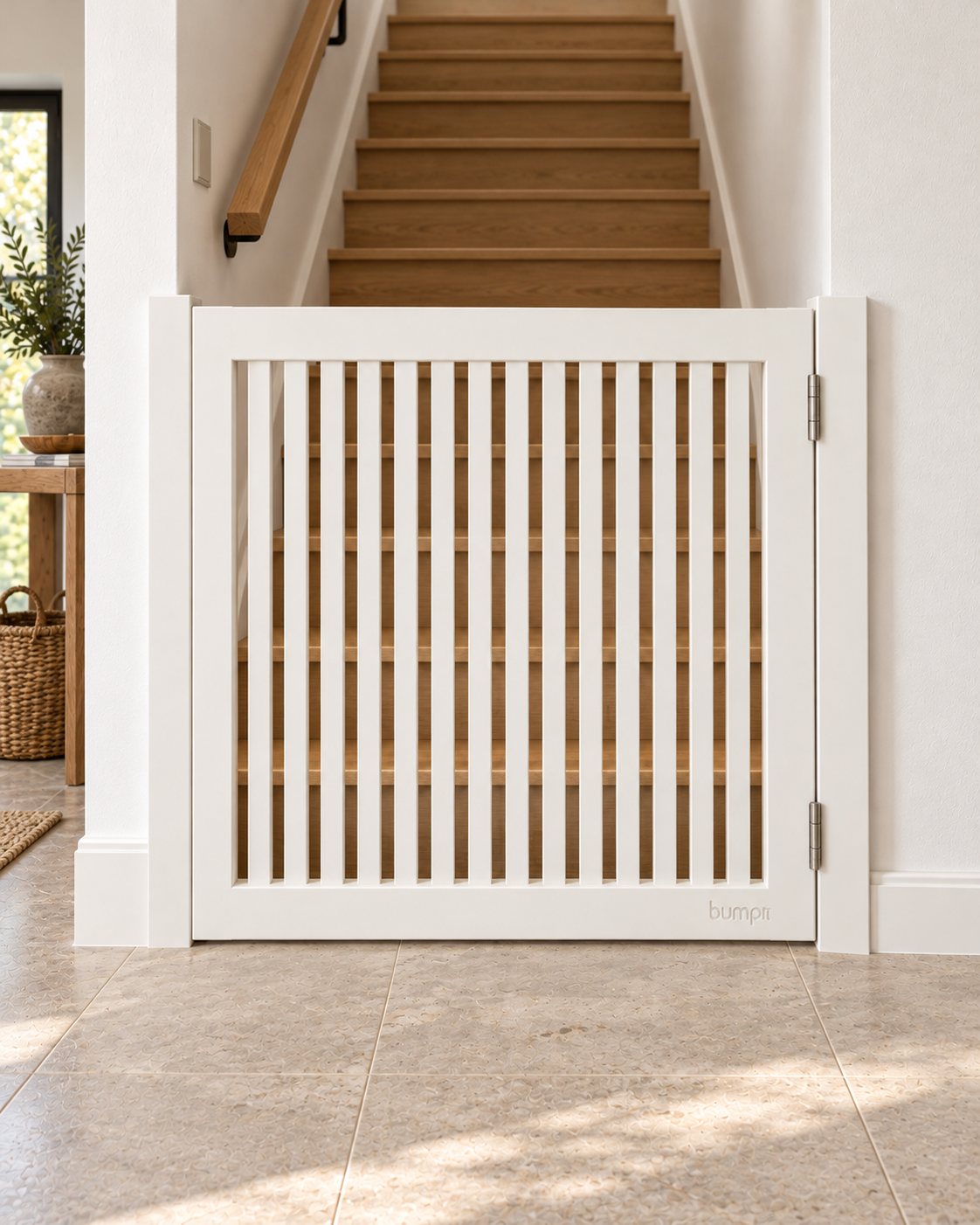 The Nord custom wooden gate in white, fitted at the foot of a staircase
