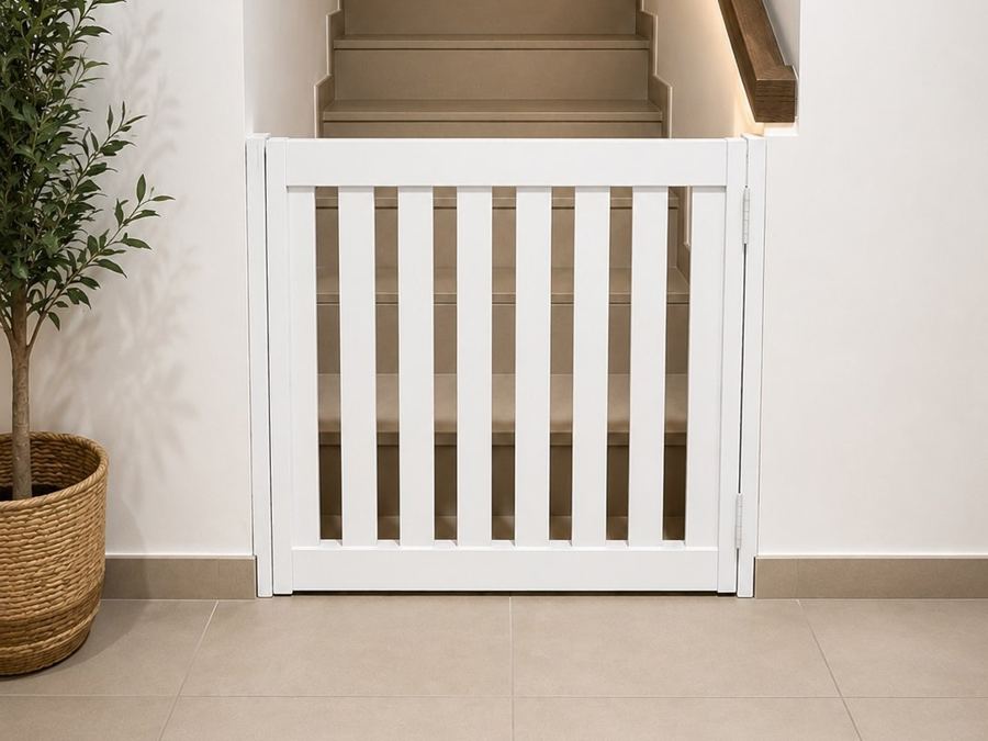 White wooden slatted gate at the bottom of a staircase