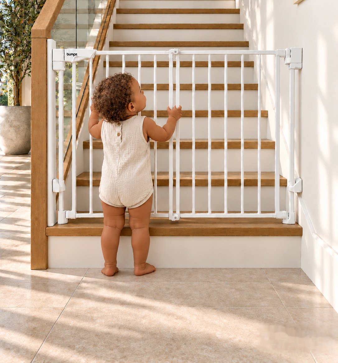 A toddler holding a white Bumpr metal safety gate at the foot of a wooden staircase